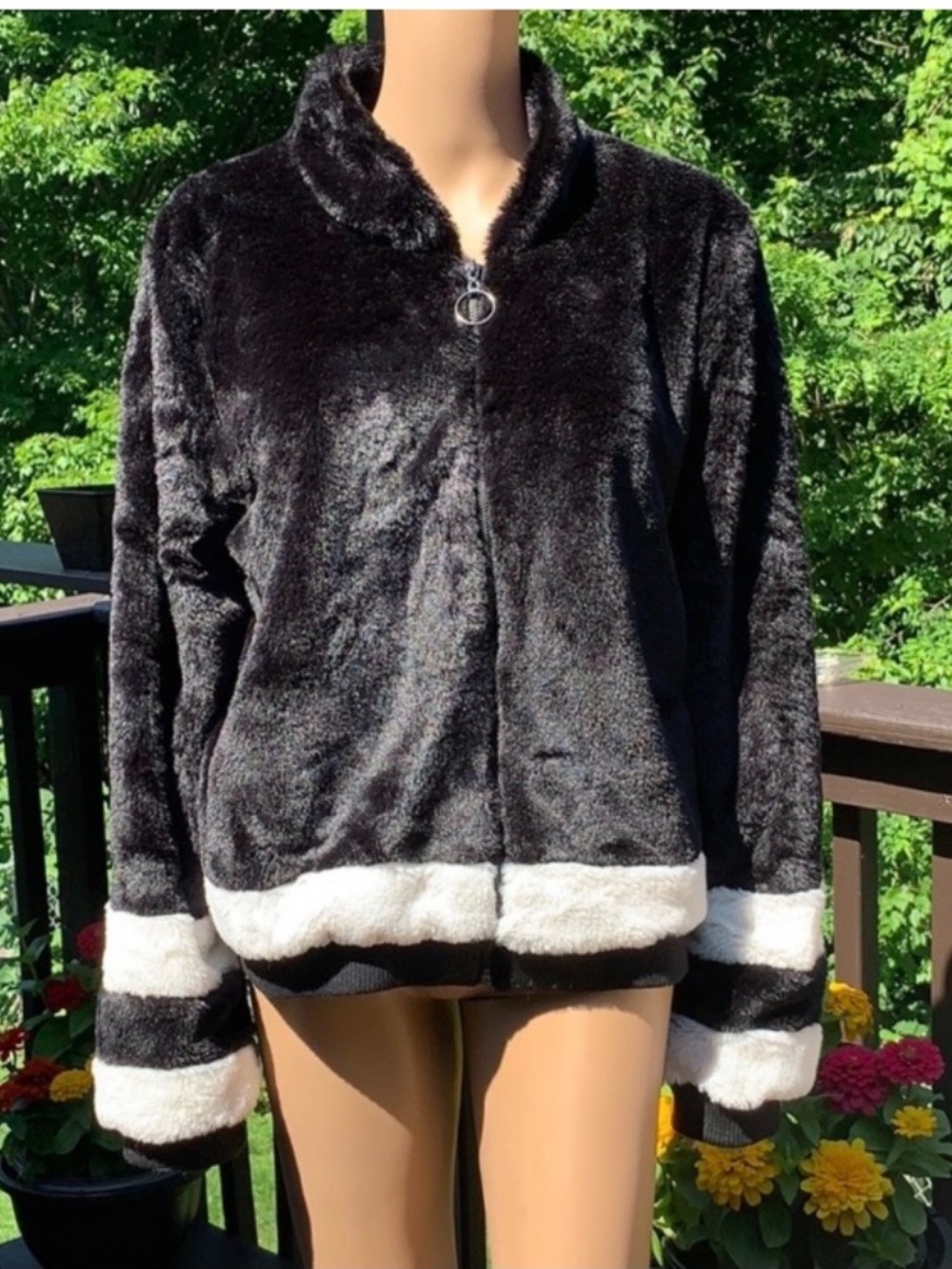 Fashion Nova Black Faux Fur Jacket with White Trim